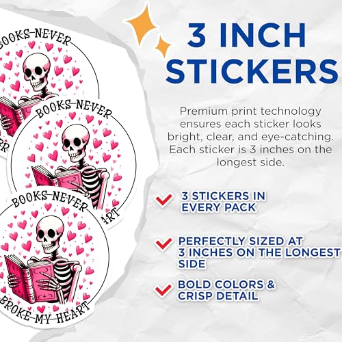 (3 Pack) Skeleton Reader Decals - Book Lover - Heart Decals - Laptop Decal - 3 Inches On Longest Side - Easy Peel & Apply - Made in USA - 3MCS8538