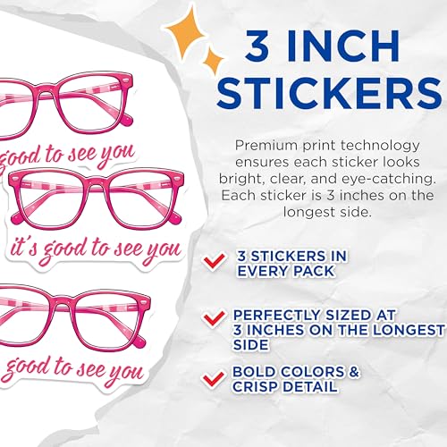 (3 Pack) Pink Glasses Decals - Its Good to See You Stickers - Laptop Decal - 3 Inches On Longest Side - Easy Peel & Apply - Made in USA - 3MCS6851