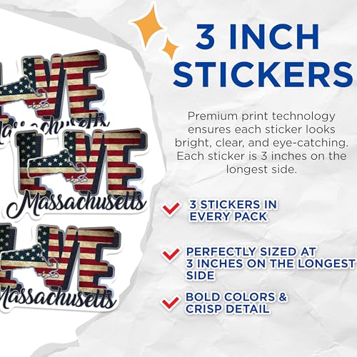 (3 Pack) Massachusetts Decals - American Flag Decal - State Love Decal - 3 Inches On Longest Side - Easy Peel & Apply - Made in USA - 3MCS0312