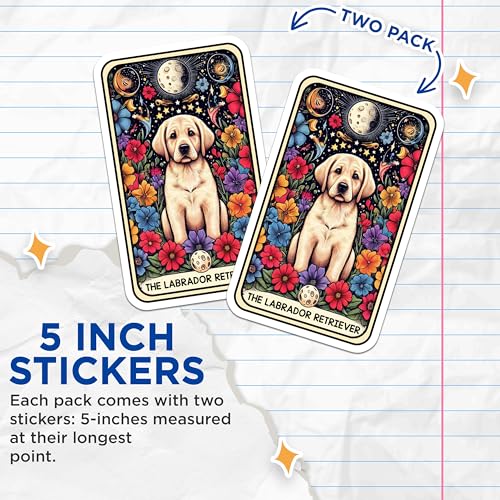 (2 Pack) Cute Dog Stickers - Labrador Retriever Art Stickers - Colorful Floral Dog Stickers - 5" On Longest Side - Sticks to Smooth Flat Surfaces - Made in USA - BMCS5134