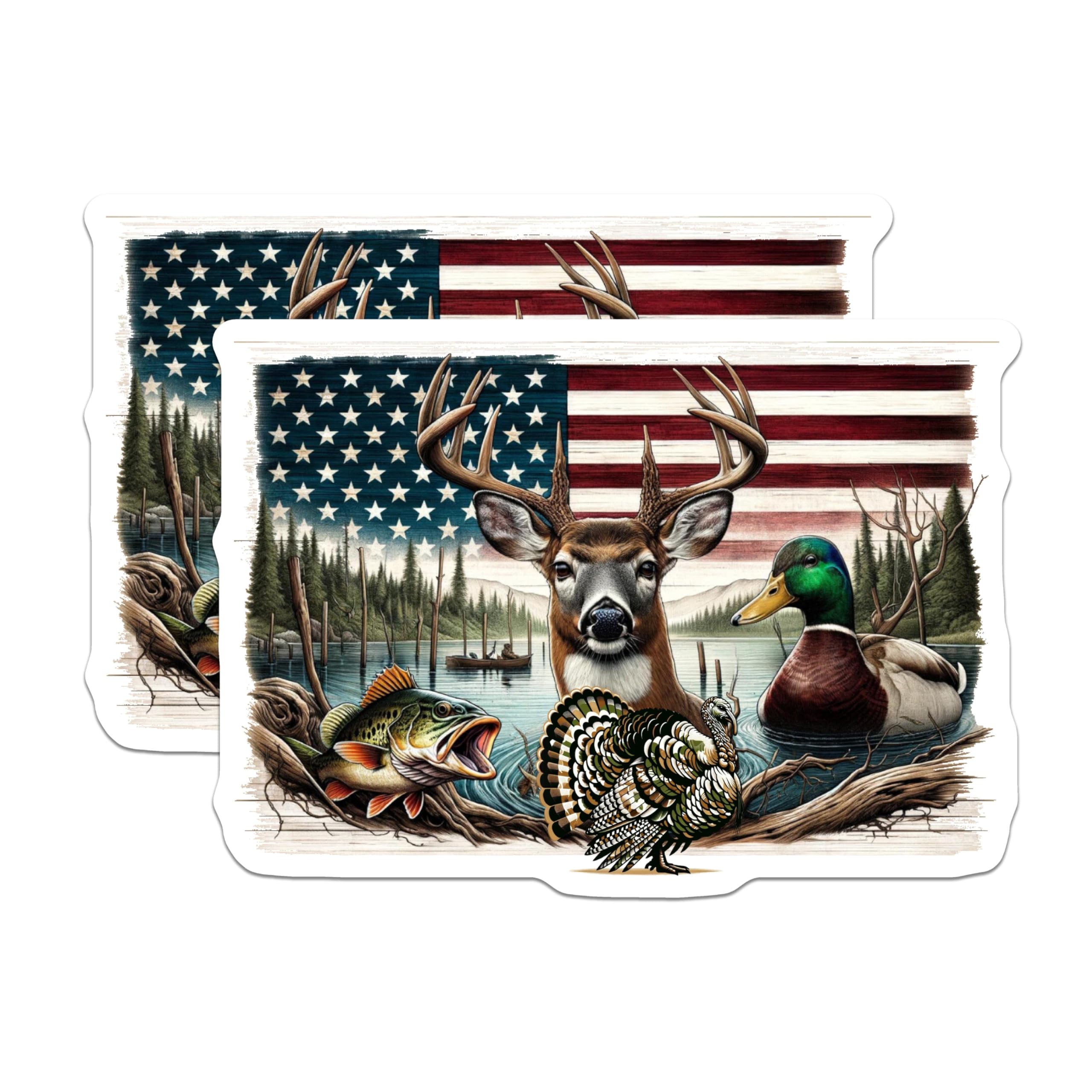 (2 Pack) American Wildlife Stickers - Patriotic Deer Duck Fish Turkey - Nature National Country Symbols - 5" On Longest Side - Sticks to Smooth Flat Surfaces - Made in USA - BMCS6019