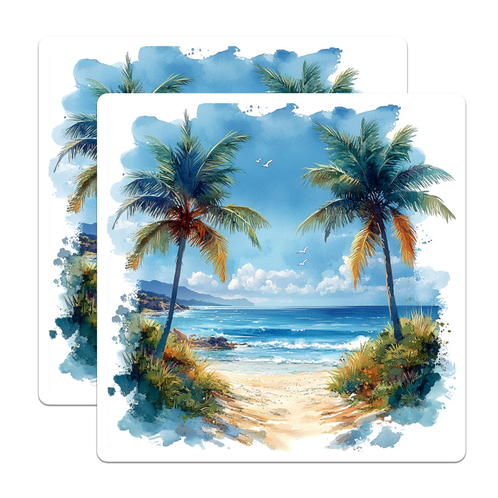 (2 Pack) Watercolor Beach Magnets - Tropical Palm Tree Ocean Scene - Coastal Home Decor - Summer Vacation Souvenir - 5 Inches On Longest Side - Thick Durable Magnet - Made in USA - MAG25009