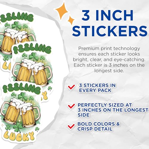 (3 Pack) St Patricks Day Decals - Feeling Lucky Beer - Clover Laptop Decal - 3 Inches On Longest Side - Easy Peel & Apply - Made in USA - 3MCS7176