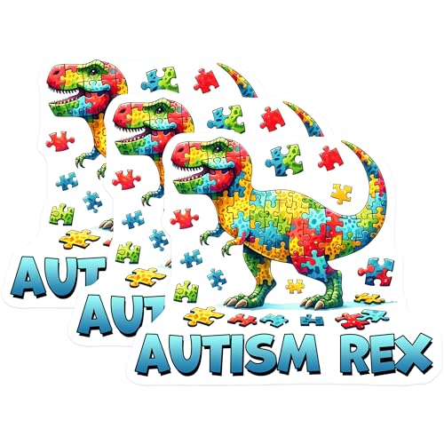 (3 Pack) Autism Rex Decals - Puzzle Dinosaur - Autism Awareness Support - 3 Inches On Longest Side - Easy Peel & Apply - Made in USA - 3MCS6879