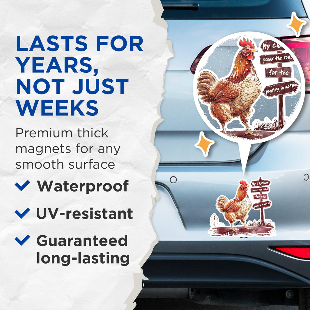 (2 Pack) Funny Chicken Magnets - Humorous Animal Magnets - Farmhouse Kitchen Decor Magnets- 5" On Longest Side - for Fridges, Toolboxes, Cars - Made in USA - MAG2604