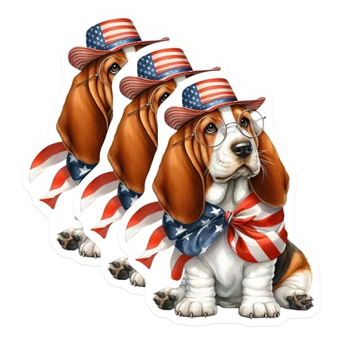 (3 Pack) Basset Hound Decals - Patriotic Dog - American Flag Decal- 3 Inches On Longest Side - Easy Peel & Apply - Made in USA - 3MCS5167