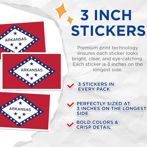 (3 Pack) Arkansas Flag Decals - State Pride Stickers - Laptop Decoration - 3 Inches On Longest Side - Easy Peel & Apply - Made in USA - 3MCS0176