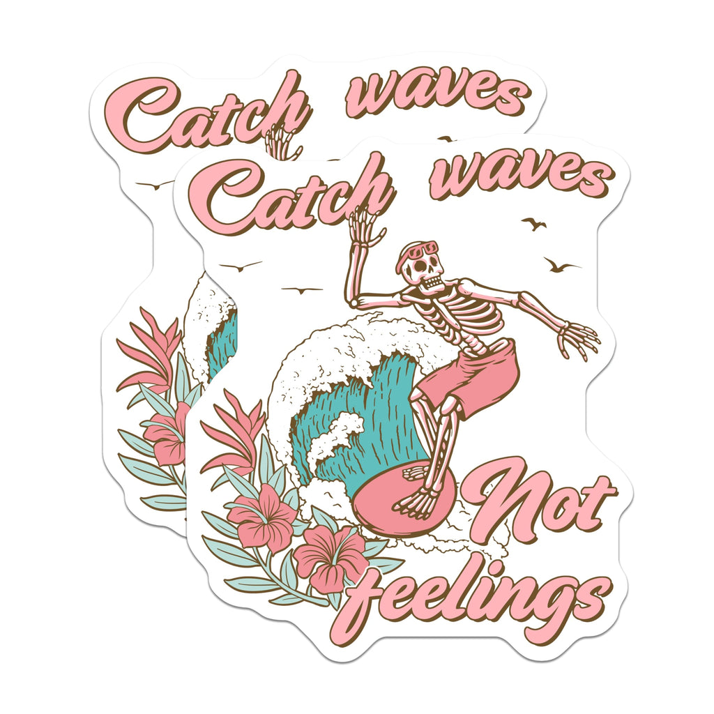 (2 Pack) Surfing Skeleton Magnets - Catch Waves Not Feelings - Tropical Beach Decor - Funny Surfer Art - 5 Inches On Longest Side - Thick Durable Magnet - Made in USA - MAG19039