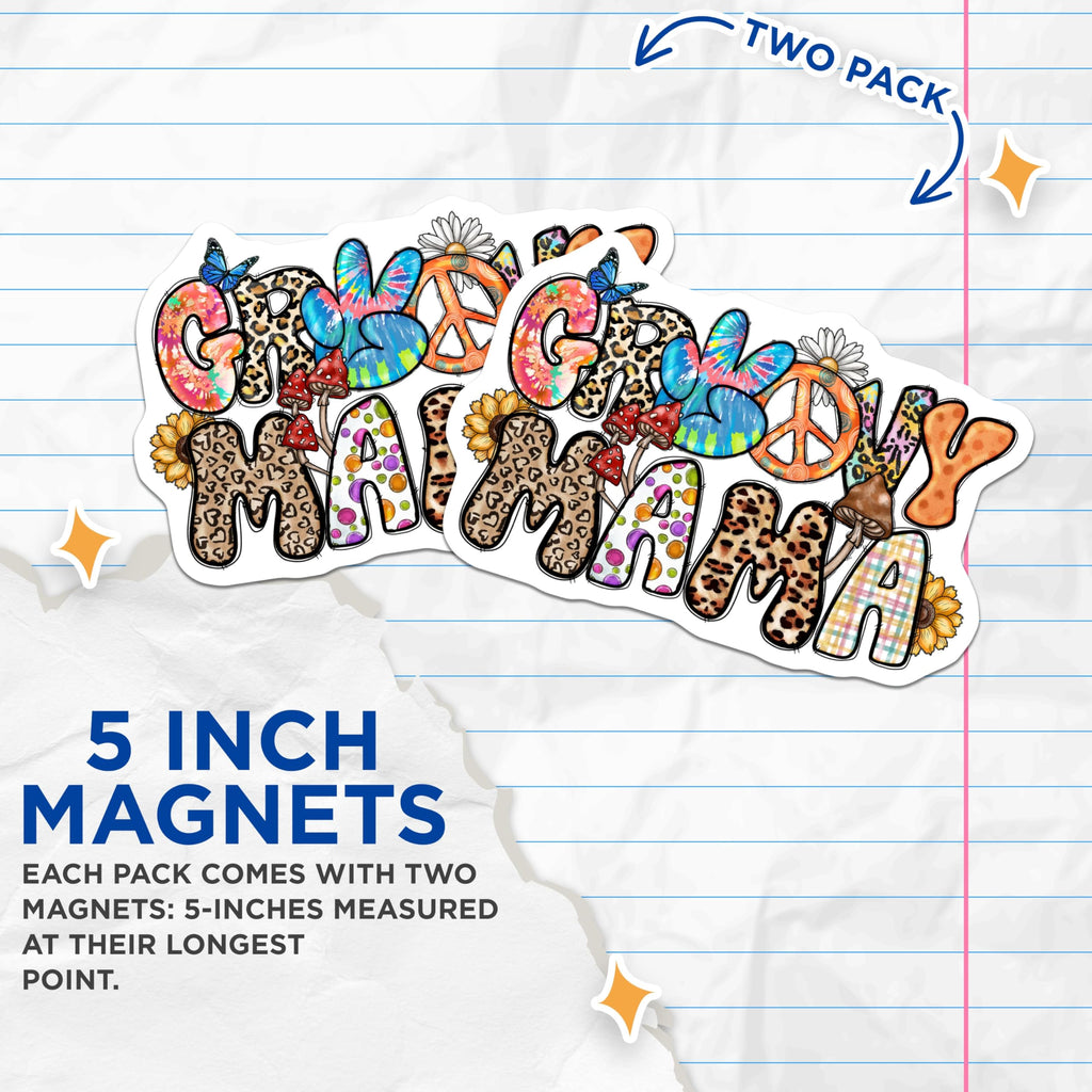(2 Pack) Groovy Mama Magnets - 70s Boho Style - Hippie Mom Decor - 5 Inches On Longest Side - Thick Durable Magnet - Made in USA - MAG25374