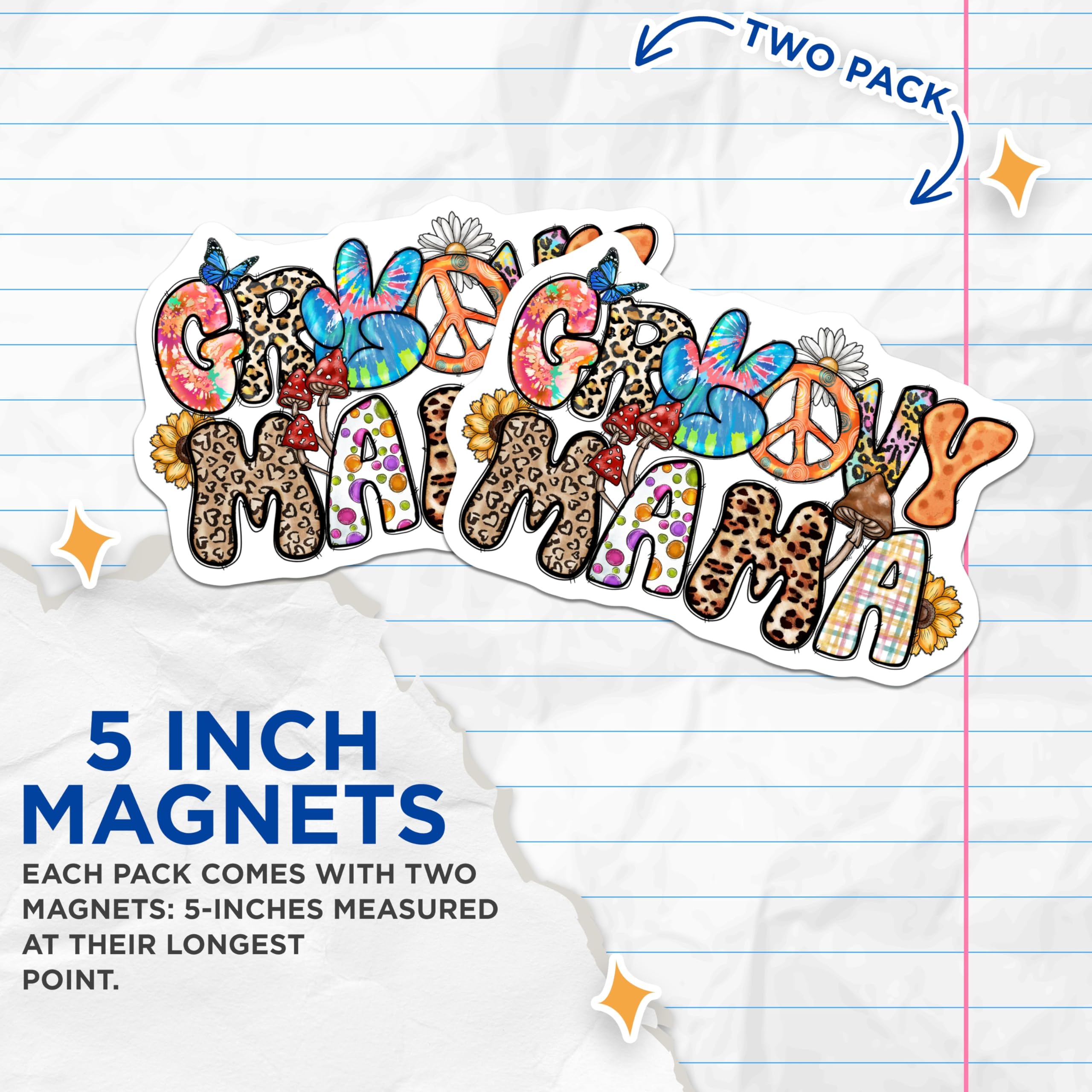 (2 Pack) Groovy Mama Magnets - 70s Boho Style - Hippie Mom Decor - 5 Inches On Longest Side - Thick Durable Magnet - Made in USA - MAG25374