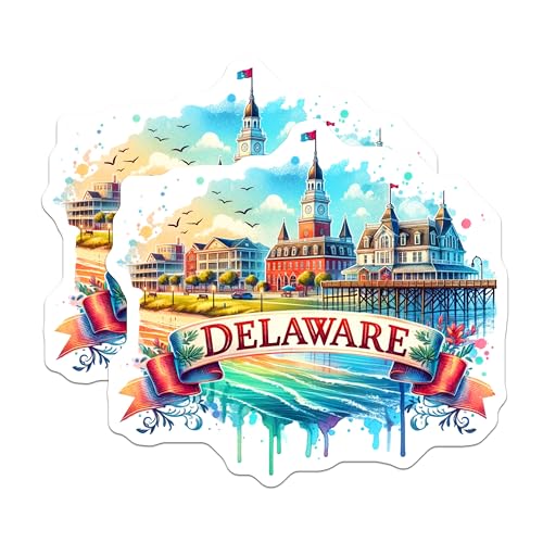 (2 Pack) Delaware Stickers - Beach Scene Art - Coastal State Decorative Decals - 5" On Longest Side - Sticks to Smooth Flat Surfaces - Made in USA - BMCS6822