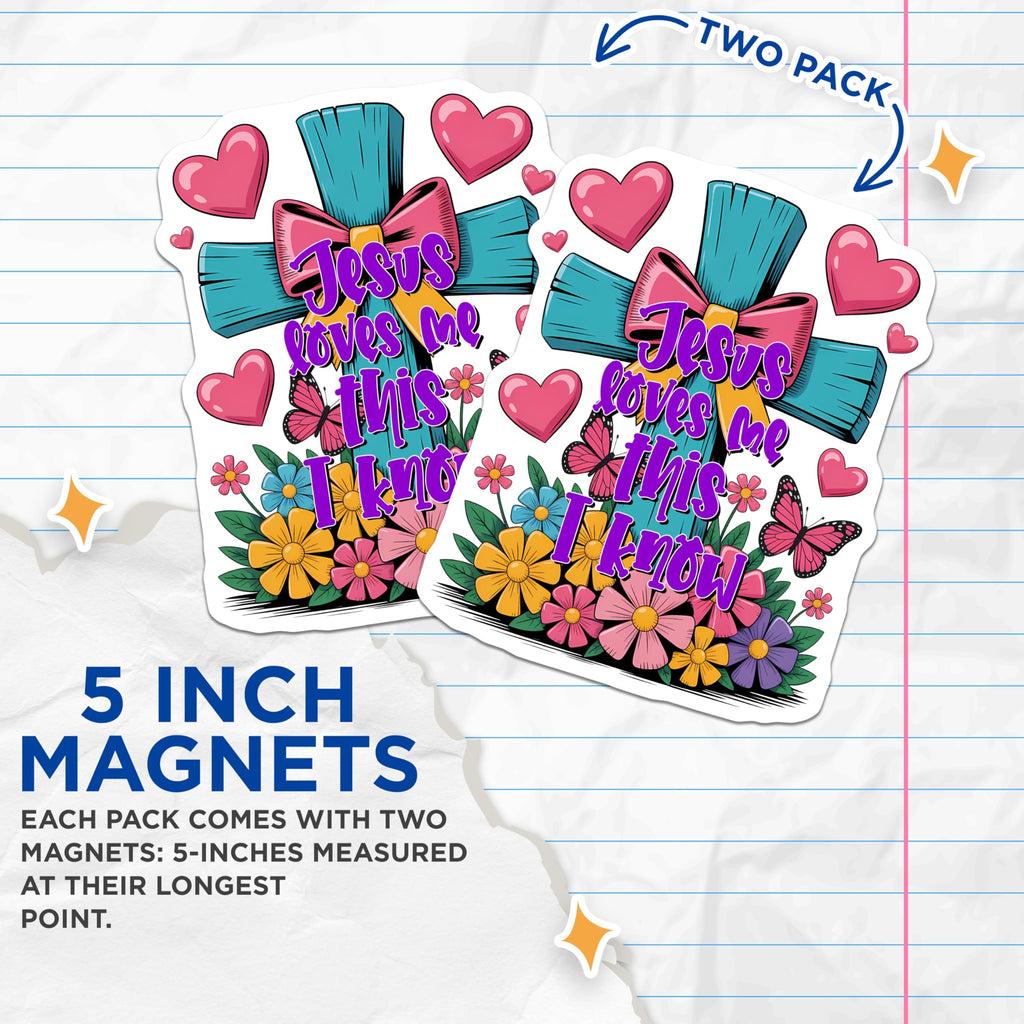 (2 Pack) Jesus Loves Me Magnets - Religious Verse - Christian Home Decoration - 5" On Longest Side - Premium Magnet - for Cars, Refrigerators, Toolboxes, Lockers - Made in USA - MAG16801