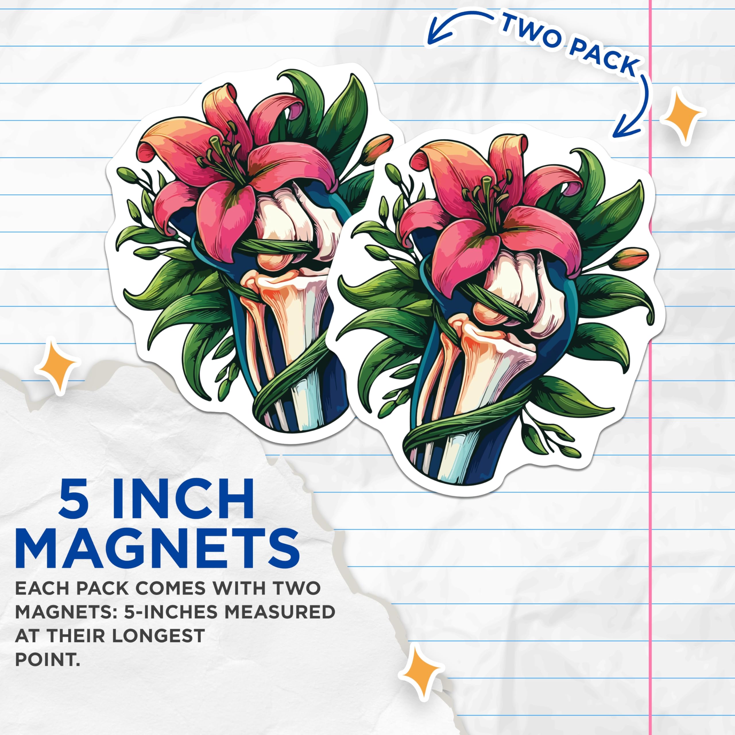(2 Pack) Lily Flower Fist Magnets - Anatomical Bones Art - Strength Symbol - Refrigerator Locker Decor Aesthetic - 5 Inches On Longest Side - Thick Durable Magnet - Made in USA - MAG19607