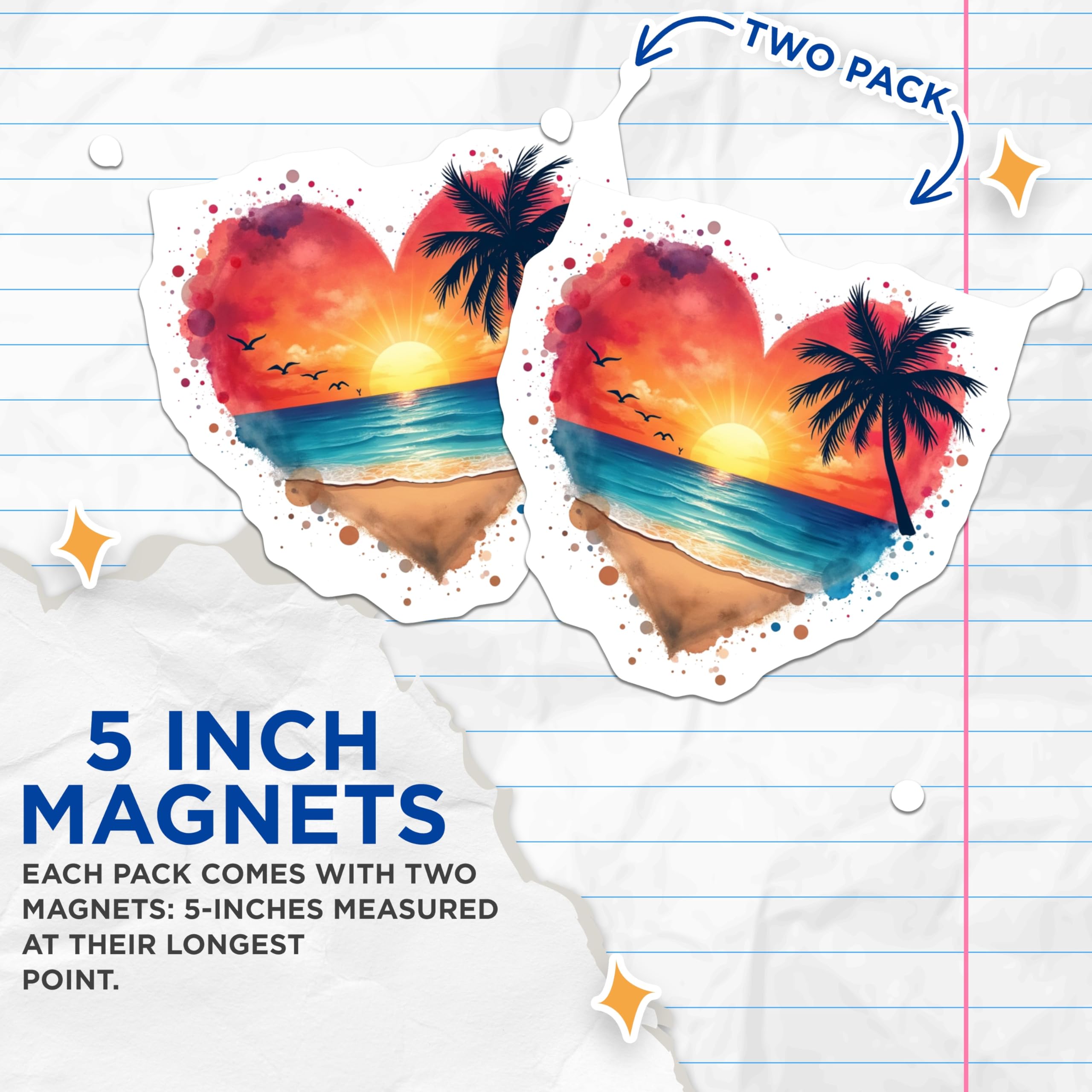 (2 Pack) Beach Sunset Magnets - Tropical Vacation Decor - Heart Shape Art - 5 Inches On Longest Side - Thick Durable Magnet - Made in USA - MAG25931