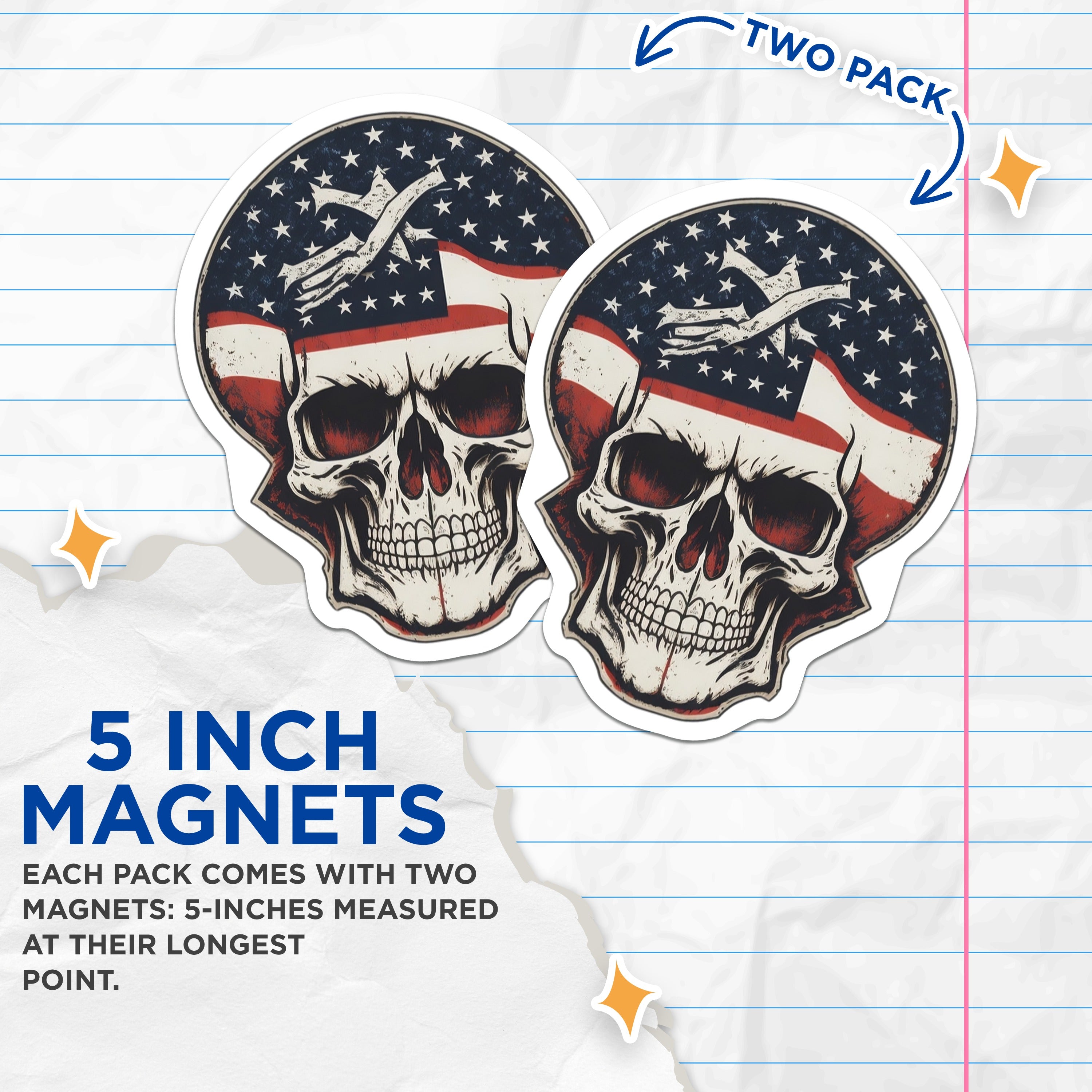 (2 Pack) American Flag Skull Magnets - Patriotic USA Decor - Military Veteran Art for Fridge - 5 Inches On Longest Side - Thick Durable Magnet - Made in USA - MAG38665
