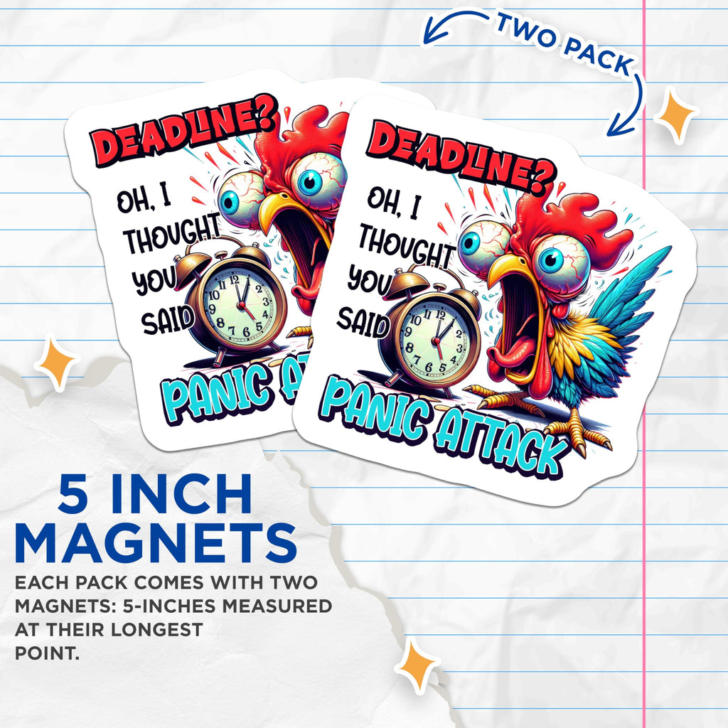 (2 Pack) Panic Attack Rooster Magnets - Funny Deadline Stress Humor - Work Anxiety Relief - Office Locker Refrigerator Art - 5 Inches On Longest Side - Thick Durable Magnet - Made in USA - MAG20994