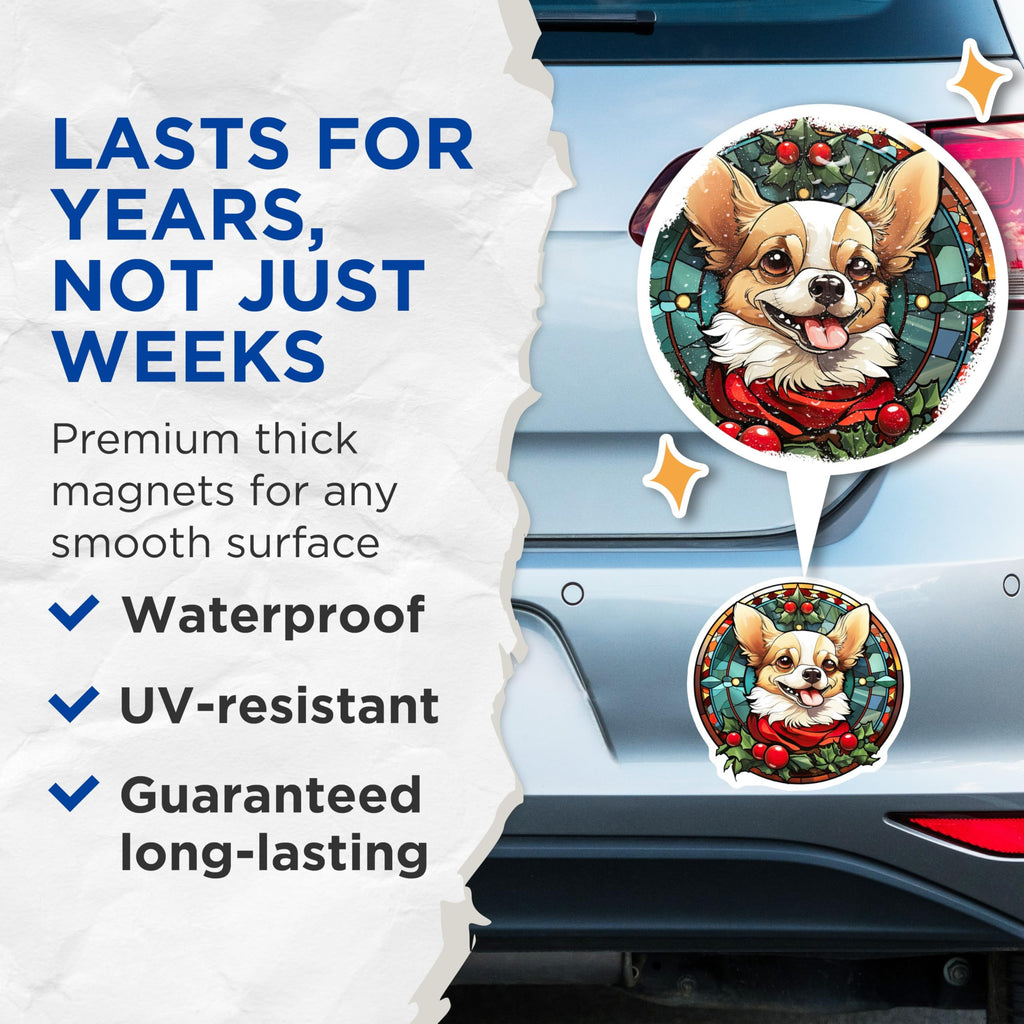 (2 Pack) Christmas Chihuahua Magnets - Stained Glass Dog - Holiday Pet Decor Accent - 5 Inches On Longest Side - Thick Durable Magnet - Made in USA - MAG28559