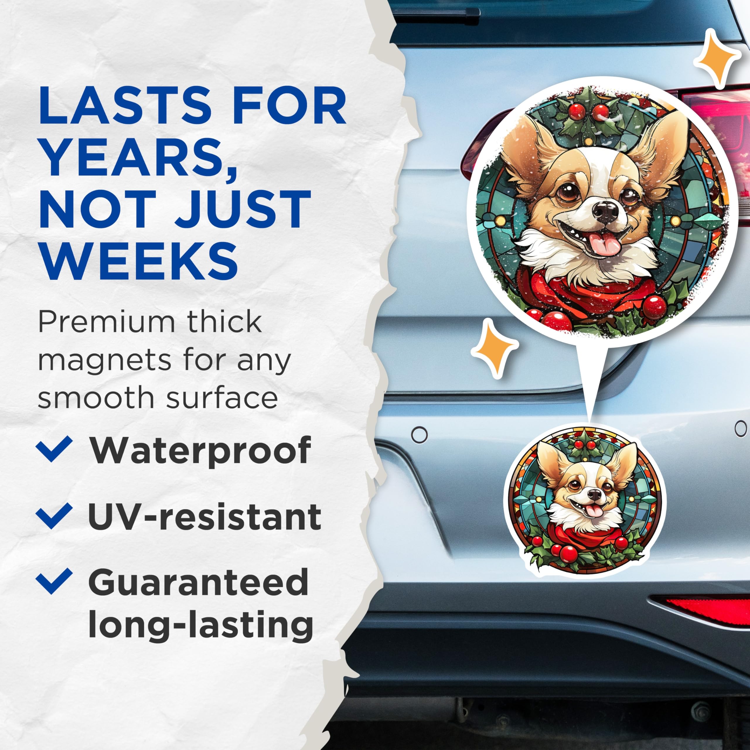 (2 Pack) Christmas Chihuahua Magnets - Stained Glass Dog - Holiday Pet Decor Accent - 5 Inches On Longest Side - Thick Durable Magnet - Made in USA - MAG28559