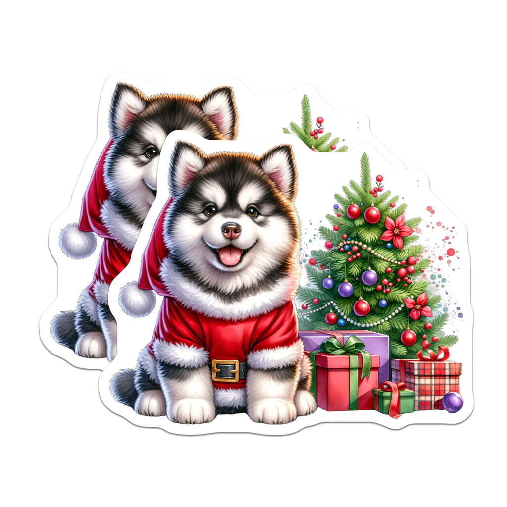 (2 Pack) Cute Puppy Christmas Magnets - Santa Dog Holiday Decor - Husky Malamute Lover - Refrigerator Kitchen Home Decoration - 5 Inches On Longest Side - Thick Durable Magnet - Made in USA - MAG30531