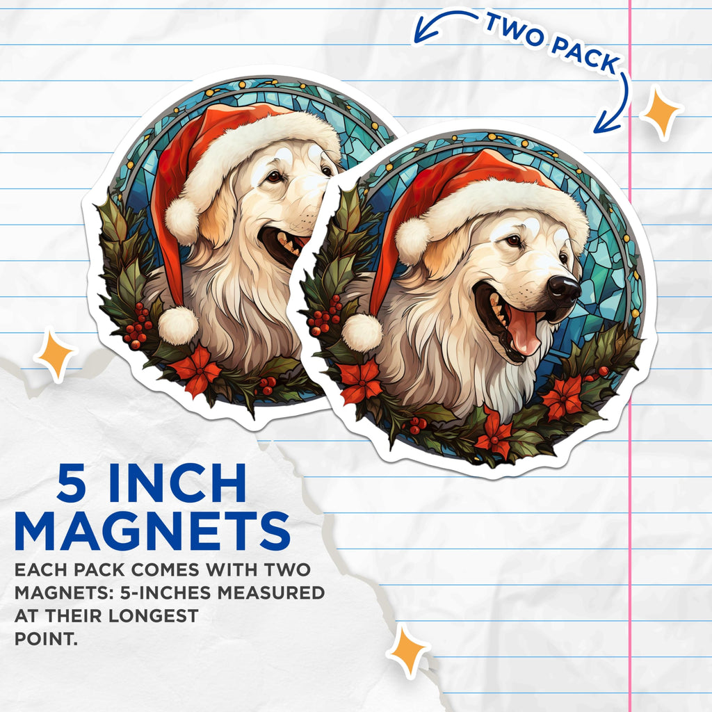 (2 Pack) Christmas Golden Retriever Magnets - Santa Hat Dog Art - Holiday Stained Glass Decor - 5 Inches On Longest Side - Thick Durable Magnet - Made in USA - MAG30269