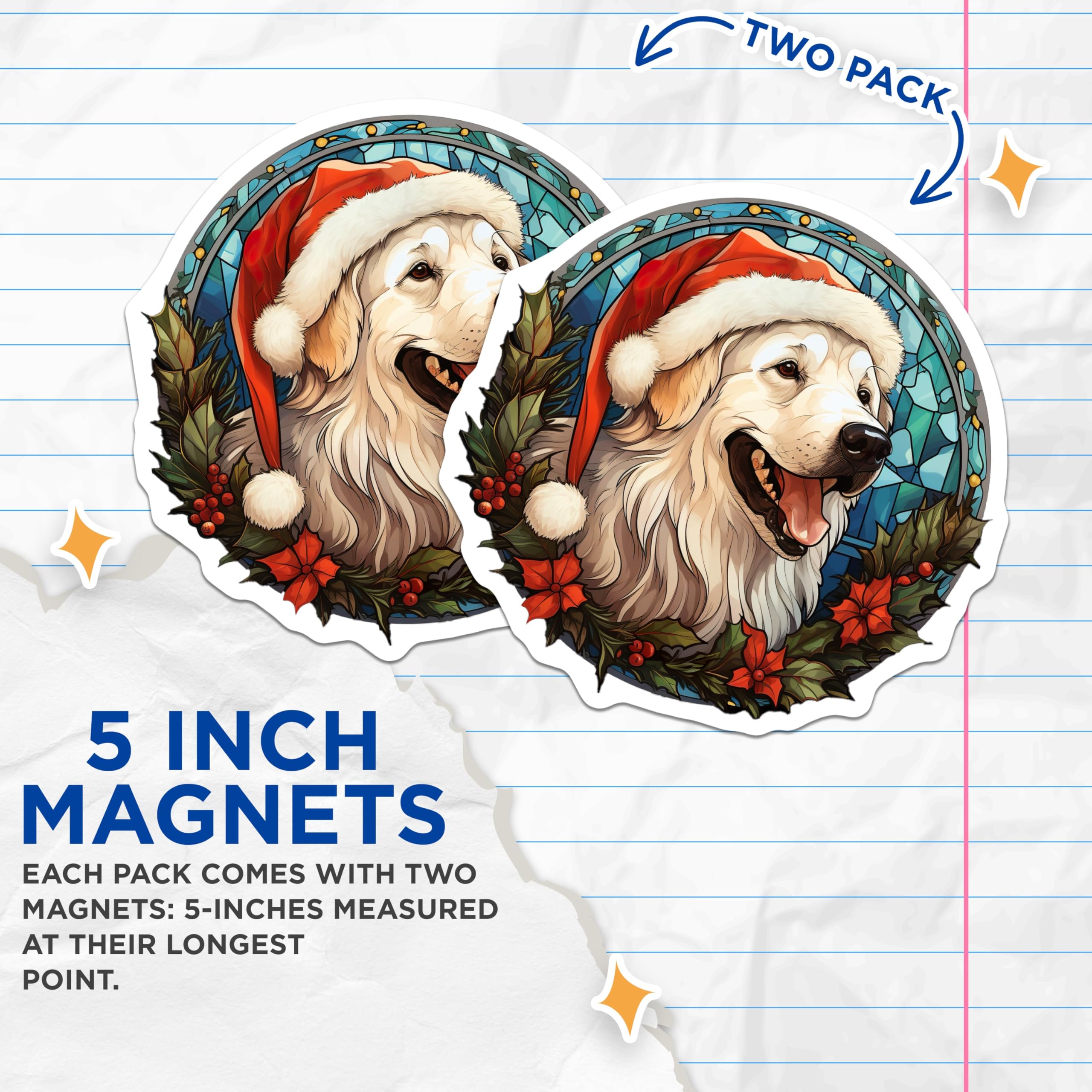 (2 Pack) Christmas Golden Retriever Magnets - Santa Hat Dog Art - Holiday Stained Glass Decor - 5 Inches On Longest Side - Thick Durable Magnet - Made in USA - MAG30269