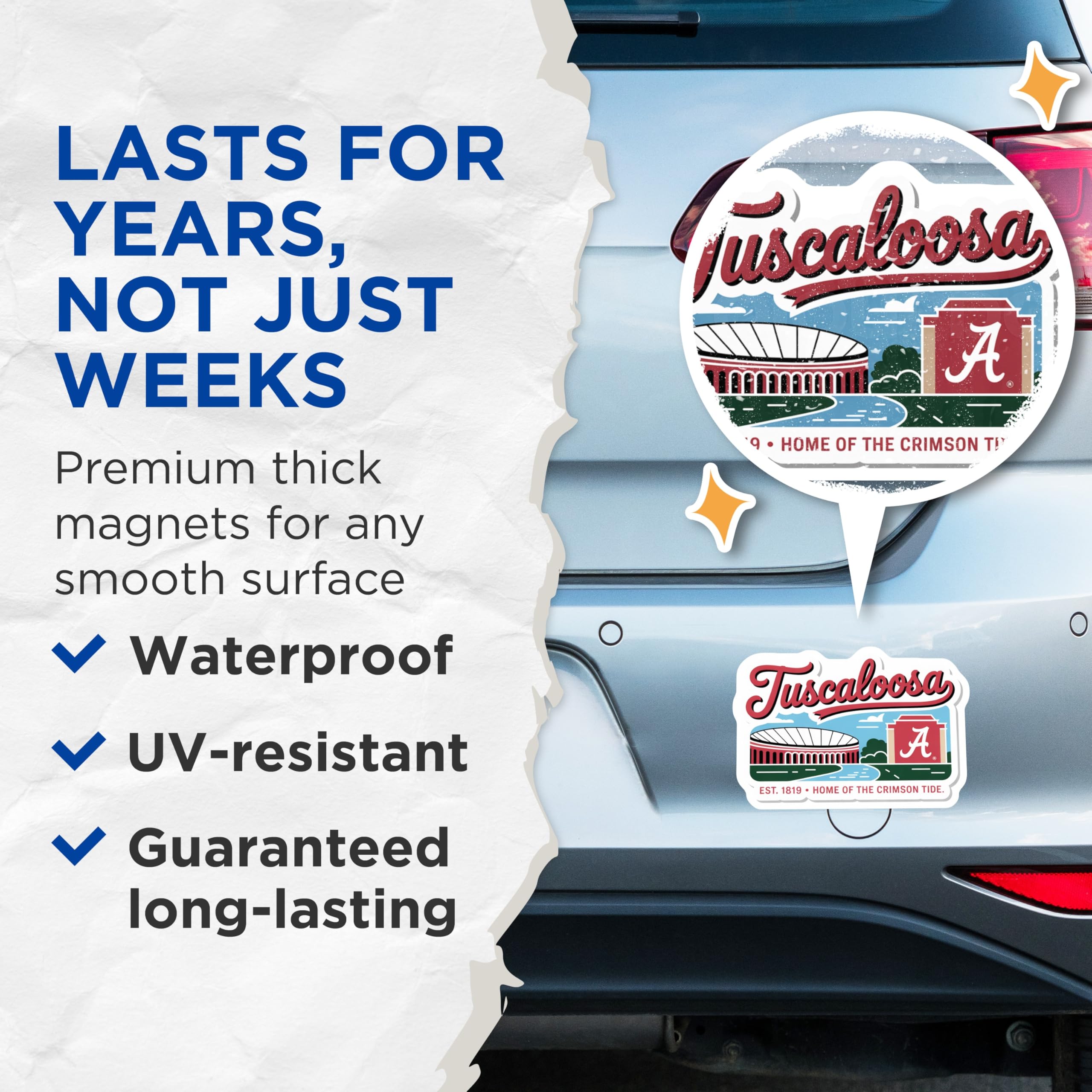 (2 Pack) Tuscaloosa Alabama Magnets - Crimson Tide College Decor - University of Bama Fan Gear - 5 Inches On Longest Side - Thick Durable Magnet - Made in USA - MAG19242
