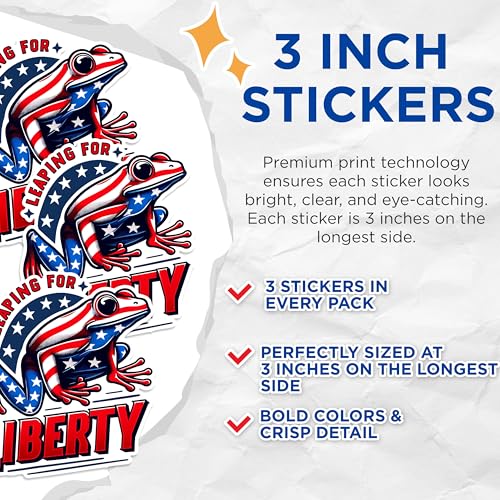 (3 Pack) Patriotic Frog Decals - Leaping for Liberty - American Flag Frog - 3 Inches On Longest Side - Easy Peel & Apply - Made in USA - 3MCS1538