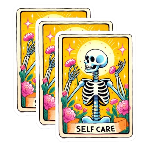 (3 Pack) Self Care Skeleton Decals - Laptop Sticker - Tarot Card Style Decals - 3 Inches On Longest Side - Easy Peel & Apply - Made in USA - 3MCS8183