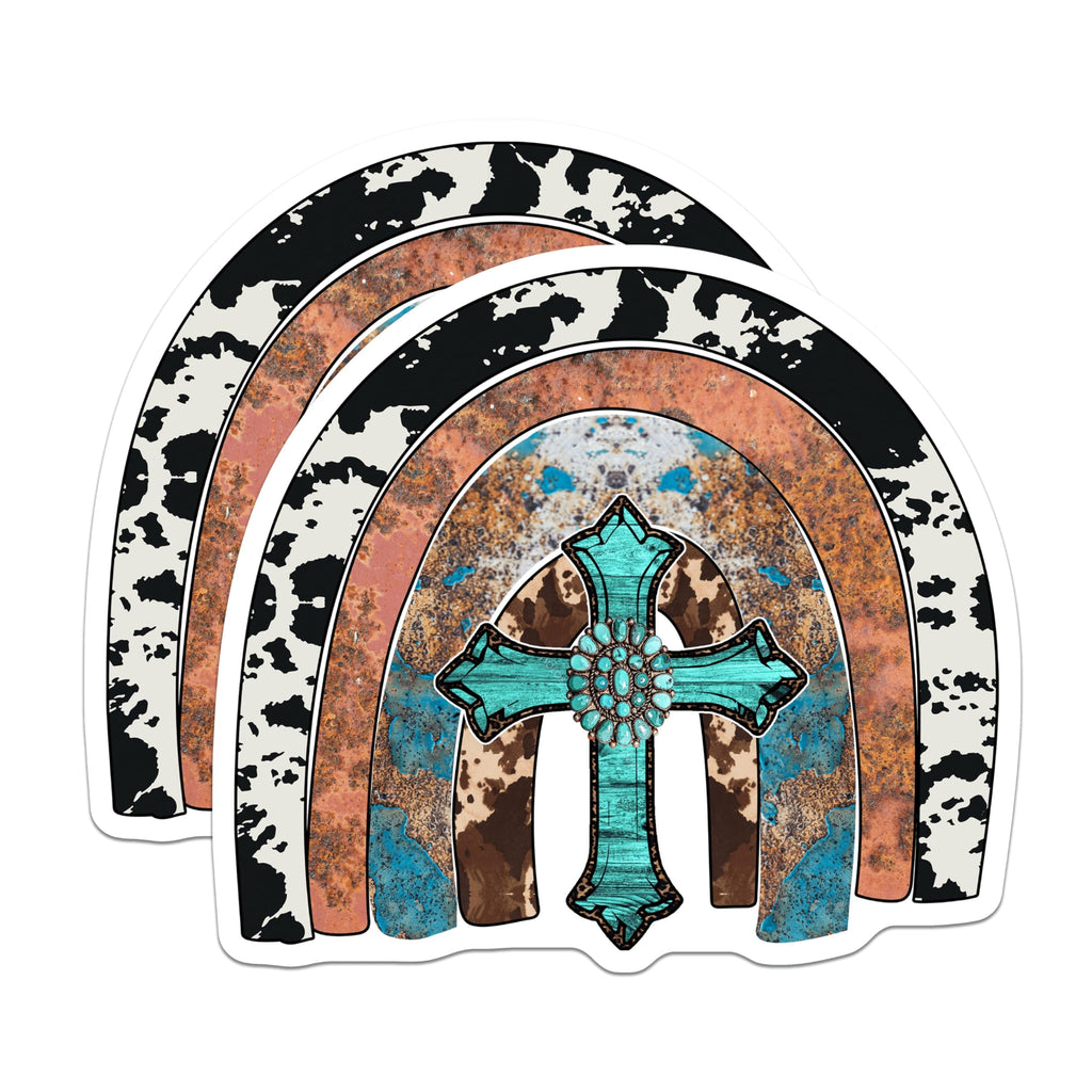 (2 Pack) Western Rainbow Cross Magnets - Cowhide Turquoise Decor - Faith Based Inspiration - 5 Inches On Longest Side - Thick Durable Magnet - Made in USA - MAG26498