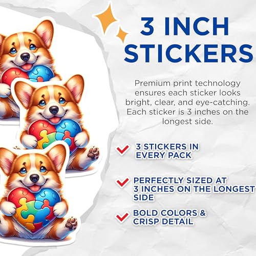 (3 Pack) Corgi Autism Decals - Heart Puzzle Piece - Laptop Decals - 3 Inches On Longest Side - Easy Peel & Apply - Made in USA - 3MCS8235