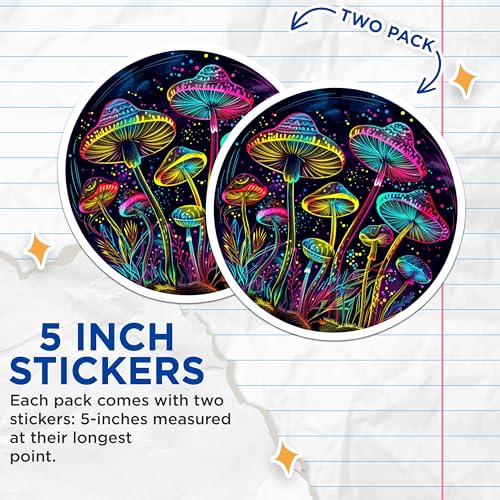 (2 Pack) Glowing Mushroom Stickers - Psychedelic Nature Sticker - Trippy Art Stickers for Laptops and Water Bottles - 5" On Longest Side - Sticks to Smooth Flat Surfaces - Made in USA - BMCS7096