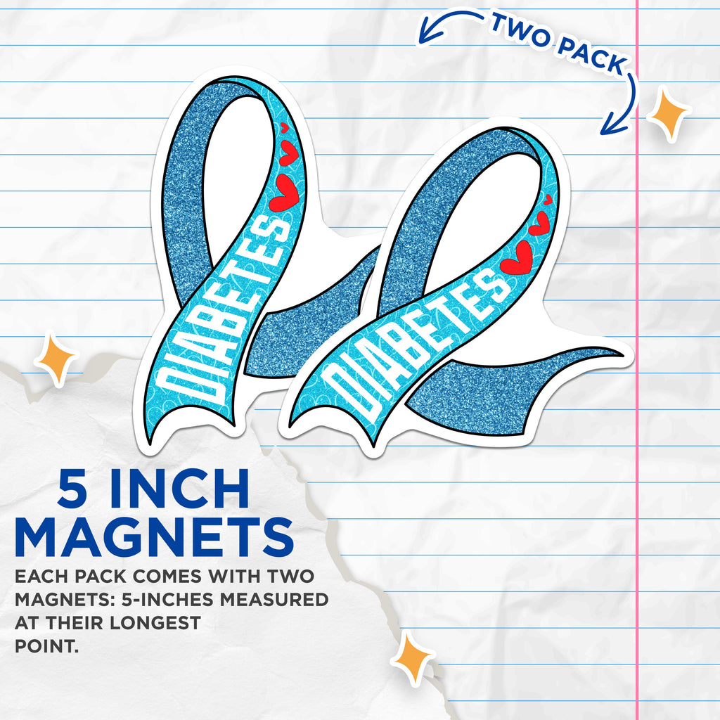 (2 Pack) Diabetes Awareness Magnets - Blue Ribbon Support - Type 1 Type 2 Advocacy - 5 Inches On Longest Side - Thick Durable Magnet - Made in USA - MAG39306