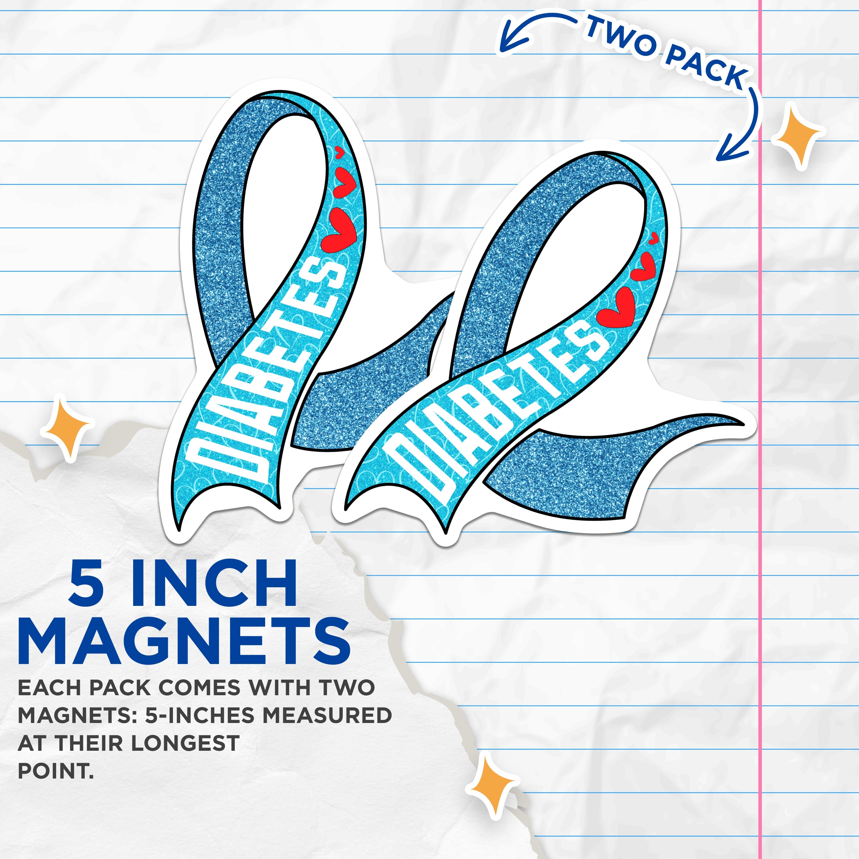 (2 Pack) Diabetes Awareness Magnets - Blue Ribbon Support - Type 1 Type 2 Advocacy - 5 Inches On Longest Side - Thick Durable Magnet - Made in USA - MAG39306