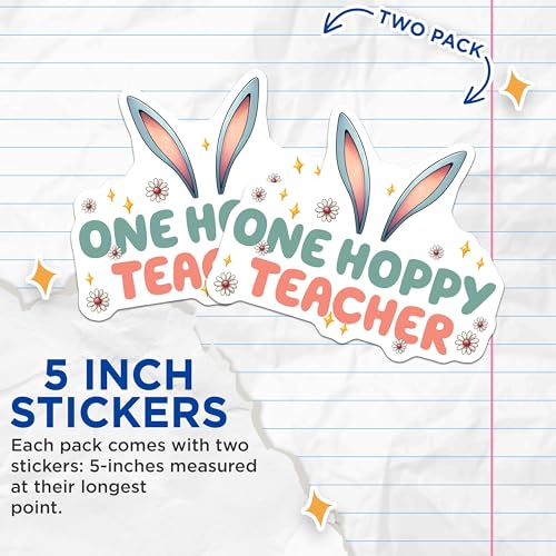 (2 Pack) One Hoppy Teacher Stickers - Funny Teacher - Cute Teacher Appreciation - 5" On Longest Side - Sticks to Smooth Flat Surfaces - Made in USA - BMCS8139