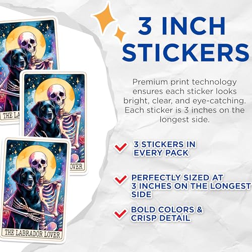 (3 Pack) Labrador Lover Decals - Dog Tarot Card Stickers - Skeleton Pet Lover Decal - 3 Inches On Longest Side - Easy Peel & Apply - Made in USA - 3MCS0278