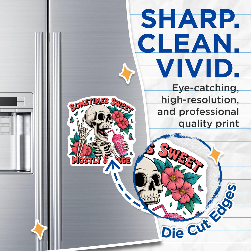 (2 Pack) Sometimes Sweet Mostly Savage Skeleton Magnets - Edgy Peace Sign Skull Art - Pink Drink Floral Fridge Locker Decor - 5 Inches On Longest Side - Thick Durable Magnet - Made in USA - MAG22037