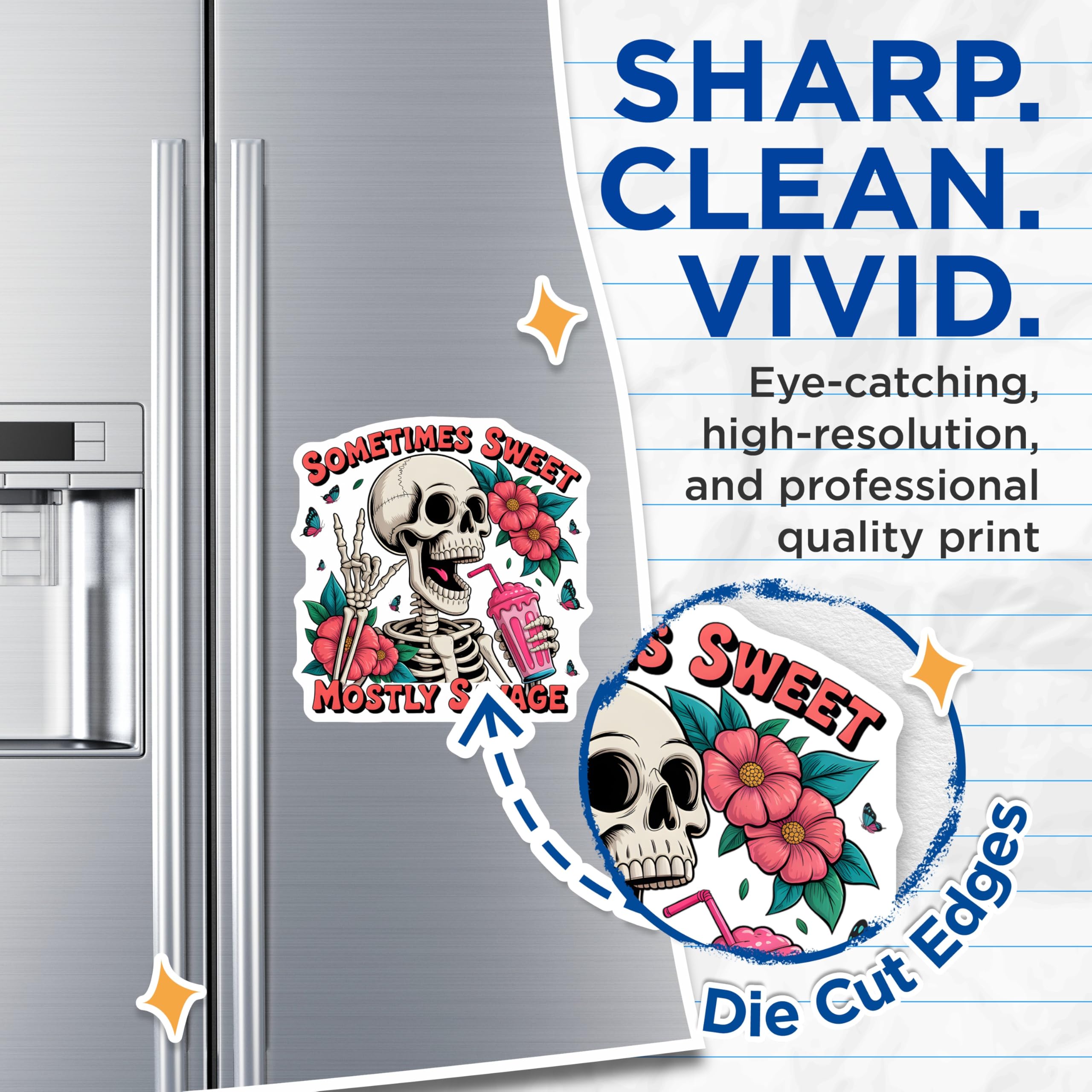 (2 Pack) Sometimes Sweet Mostly Savage Skeleton Magnets - Edgy Peace Sign Skull Art - Pink Drink Floral Fridge Locker Decor - 5 Inches On Longest Side - Thick Durable Magnet - Made in USA - MAG22037