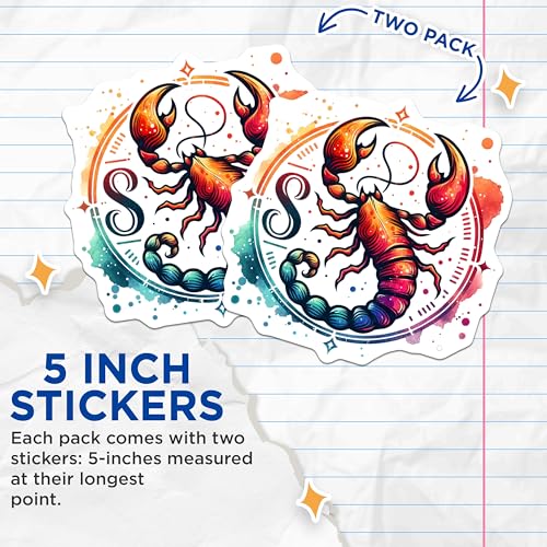 (2 Pack) Scorpion Zodiac Stickers - Astrology Stickers - Scorpio Sign Decal - 5" On Longest Side - Sticks to Smooth Flat Surfaces - Made in USA - BMCS6899