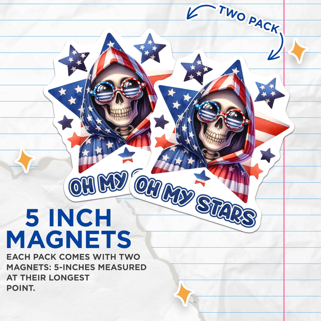 (2 Pack) Oh My Stars Skeleton Magnets - Patriotic Skeleton Decor - 5" On Longest Side - for Cars, Fridges, Toolboxes - Made in USA - MAG7923