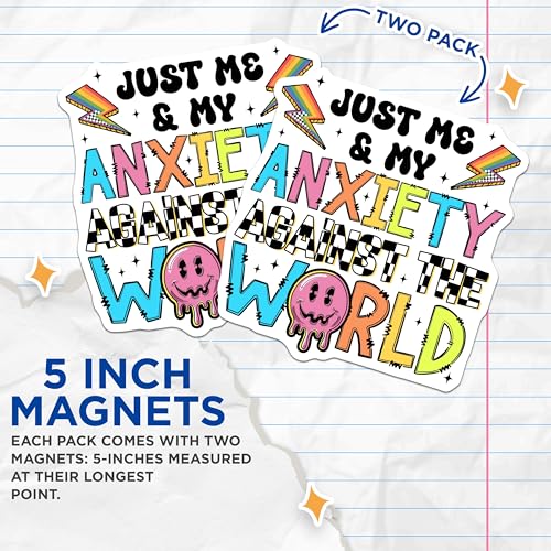 (2 Pack) Just Me and My Anxiety Against The World Magnets - Rainbow Lightning - Mental Health Art - 5" On Longest Side - for Cars, Fridges, Toolboxes - Made in USA - MAG7663