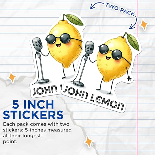 (2 Pack) John Lemon Stickers - Funny Lemon Design - Music Themed - 5" On Longest Side - Sticks to Smooth Flat Surfaces - Made in USA - BMCS7589