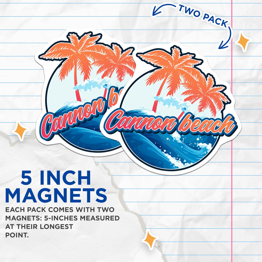 (2 Pack) Cannon Beach Magnets - Oregon Coast Decor - Pacific NW Coastal Art - Palm Trees Ocean Waves - Beach Souvenir - 5 Inches On Longest Side - Thick Durable Magnet - Made in USA - MAG19346