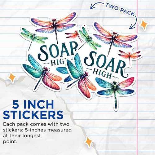 (2 Pack) Motivational Dragonfly Stickers - Inspirational Soar High Stickers - Colorful Dragonfly Decals - 5" On Longest Side - Sticks to Any Smooth Flat Surface - Made in USA - BMCS2692