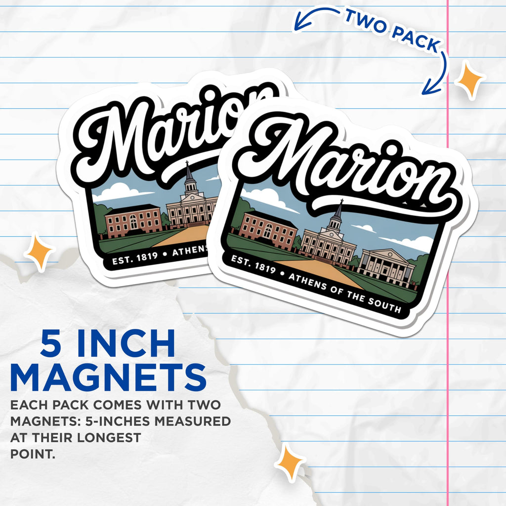 (2 Pack) Marion Alabama Magnets - Athens of The South Souvenir - Town Landmark Decor - 5" On Longest Side - Premium Magnet - for Cars, Refrigerators, Toolboxes, Lockers - Made in USA - MAG18255