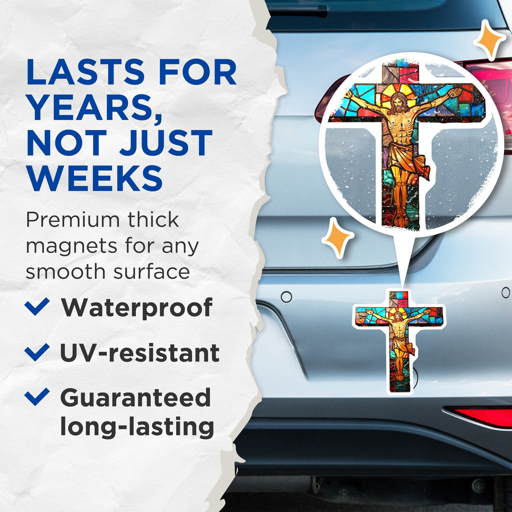 (2 Pack) Stained Glass Cross Magnets - Jesus Christ Crucifix - Christian Kitchen Decor Faith Home - 5 Inches On Longest Side - Thick Durable Magnet - Made in USA - MAG37857