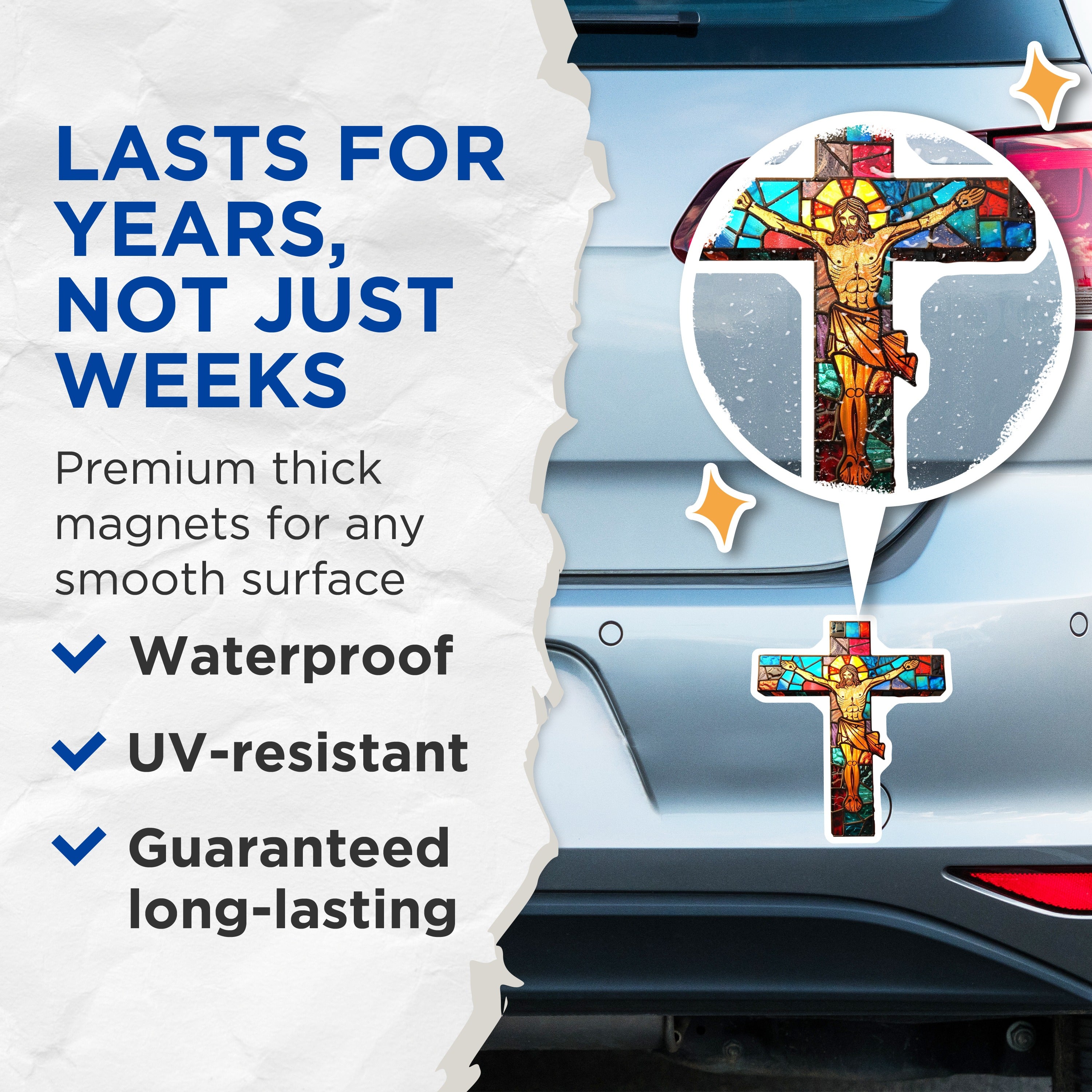 (2 Pack) Stained Glass Cross Magnets - Jesus Christ Crucifix - Christian Kitchen Decor Faith Home - 5 Inches On Longest Side - Thick Durable Magnet - Made in USA - MAG37857