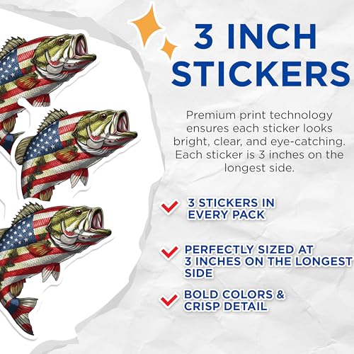 (3 Pack) Bass Fish Decals - American Flag - Fishing Lover Decals - 3 Inches On Longest Side - Easy Peel & Apply - Made in USA - 3MCS8728