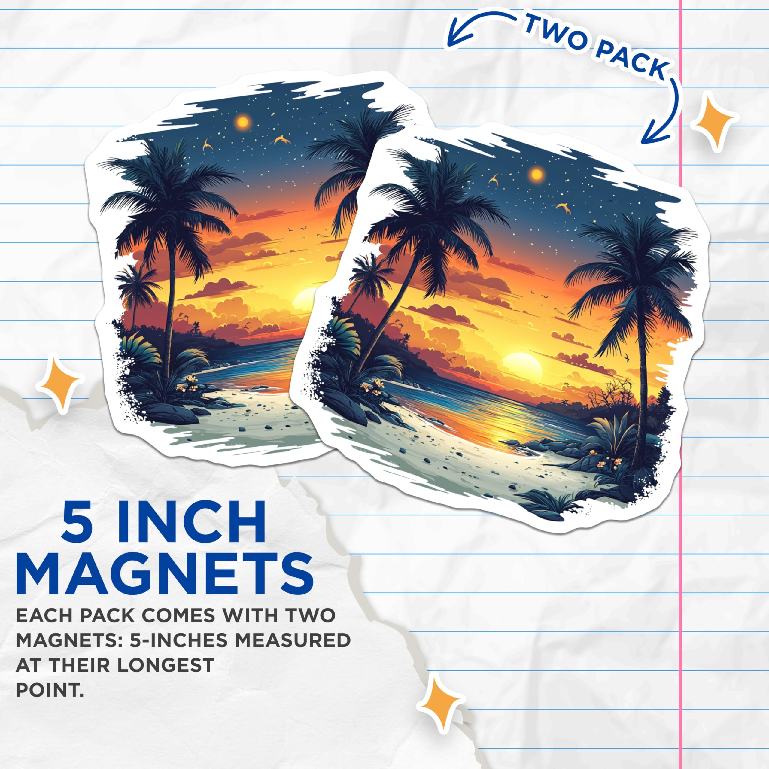 (2 Pack) Tropical Sunset Magnets - Beach View Ocean Scene - Vacation Refrigerator Decor - 5 Inches On Longest Side - Thick Durable Magnet - Made in USA - MAG26556
