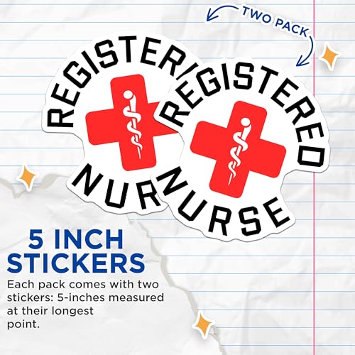 (2 Pack) Registered Nurse Stickers - Healthcare Worker - Medical Symbol Red Cross - 5" On Longest Side - Sticks to Smooth Flat Surfaces - Made in USA - BMCS9170