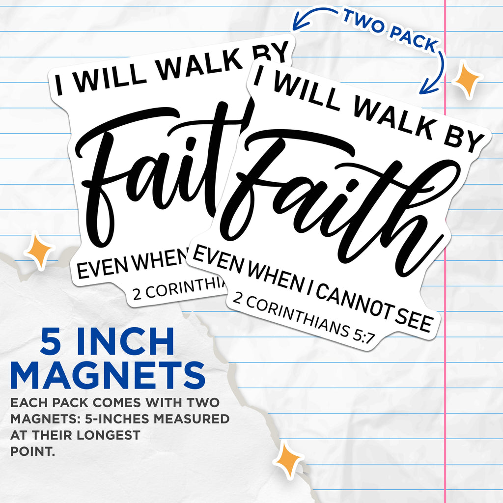 (2 Pack) Faith Magnets - Inspirational Christian Verse Decor - 2 Corinthians 5:7 Scripture Magnets - 5 Inches On Longest Side - Thick Durable Magnet - Made in USA - MAG38579
